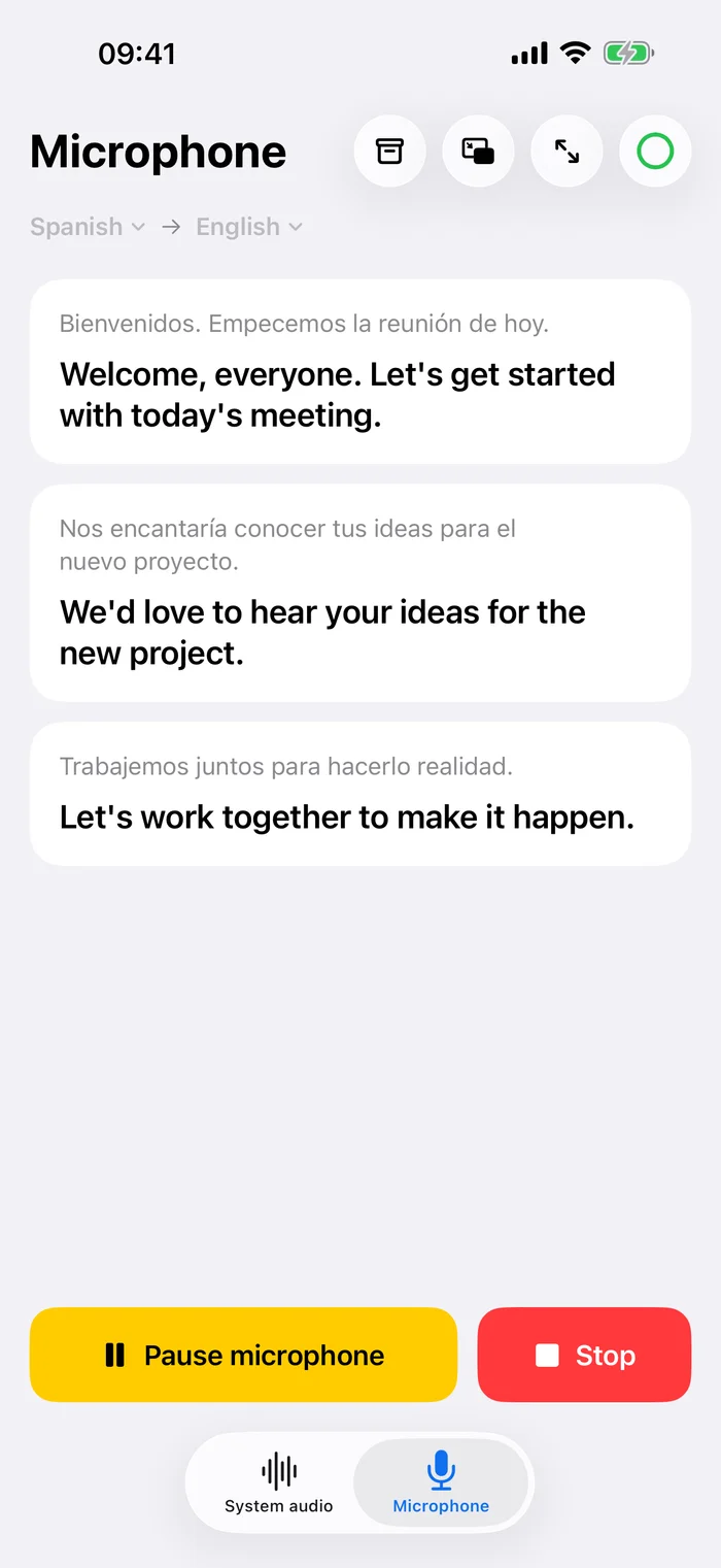 Live Translate microphone screen with original and translated conversation text